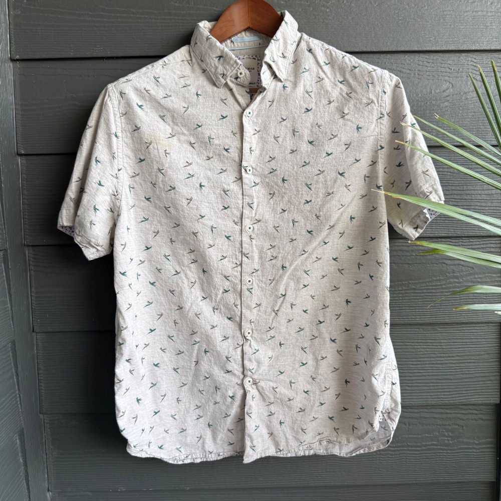 Cactus Man Ricky Singh Bird Print Button Front Shirt Cotton Short Sleeve L
